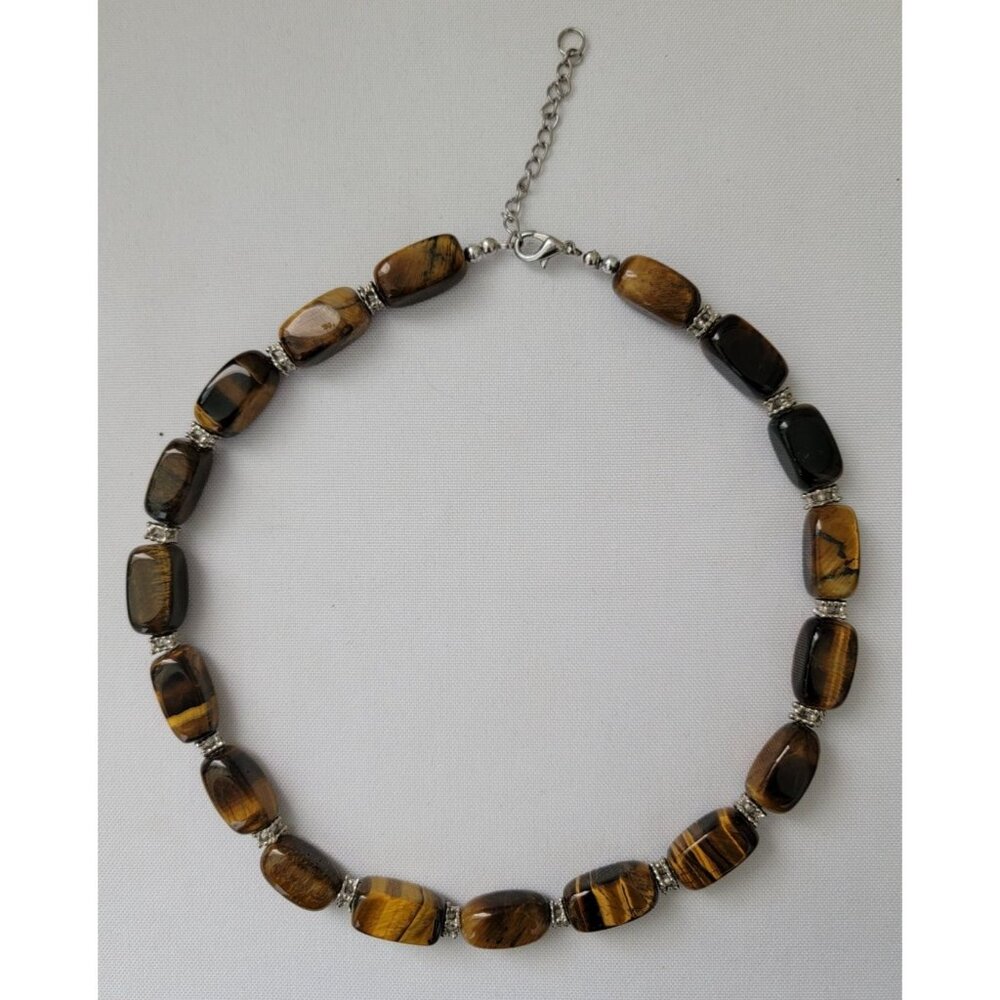 Vintage Tigers Eye Beaded 16" Necklace w/ Silver-Tone Accents & Adjustable Chain